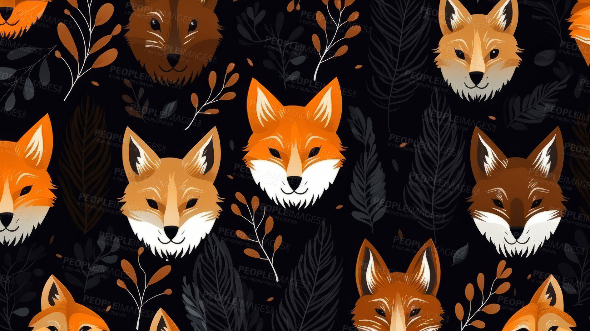 Buy stock photo Seamless pattern with cartoon woodland foxes. Background wallpaper design concept