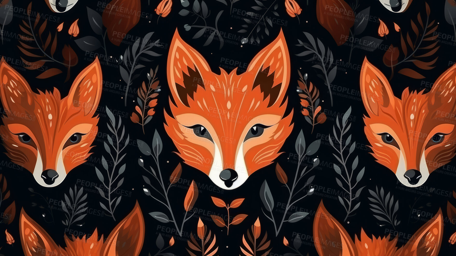 Buy stock photo Seamless pattern with cartoon woodland foxes. Background wallpaper design concept