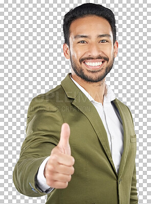 Happy asian man, portrait and thumbs up in winning, success or t