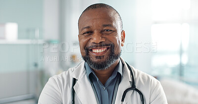 Healthcare, doctor and face of black man at hospital with smile for support, service and wellness. Medicine, professional and African expert with happiness and pride for career, surgery or insurance