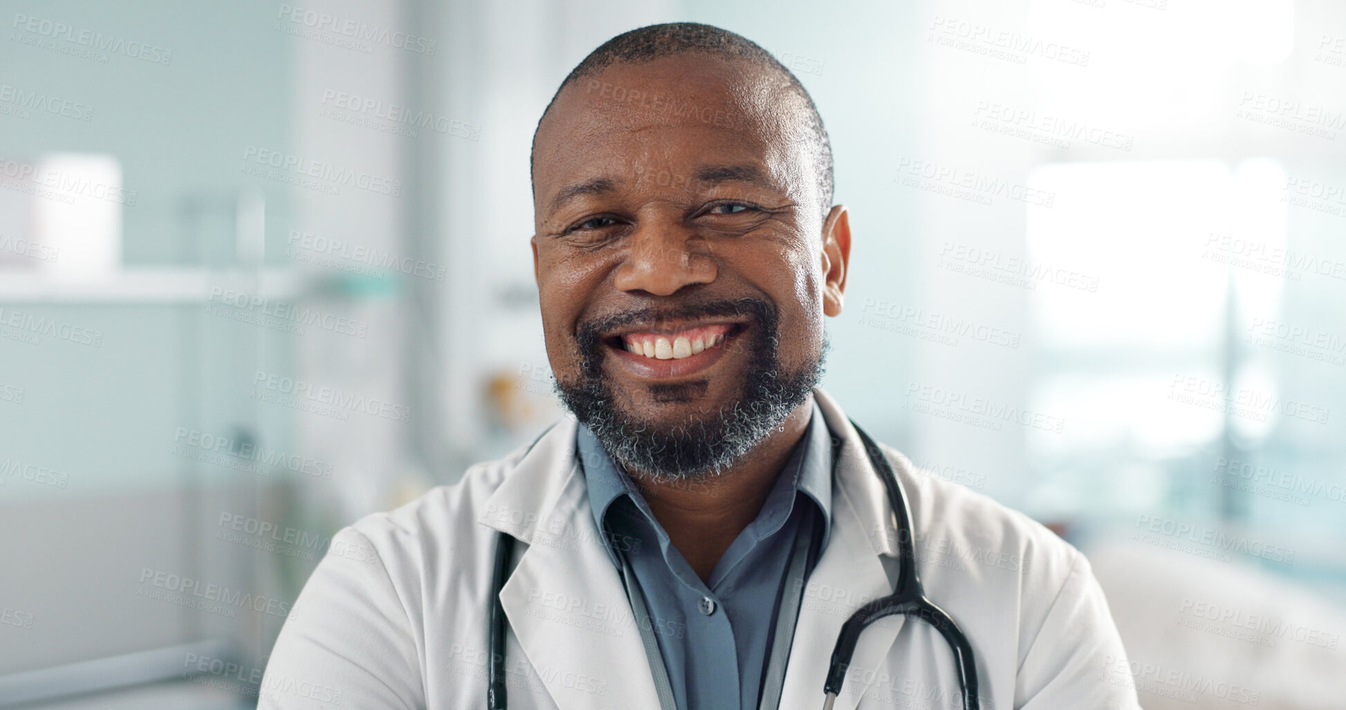 Buy stock photo Healthcare, doctor and face of black man at hospital with smile for support, service and wellness. Medicine, professional and African expert with happiness and pride for career, surgery or insurance