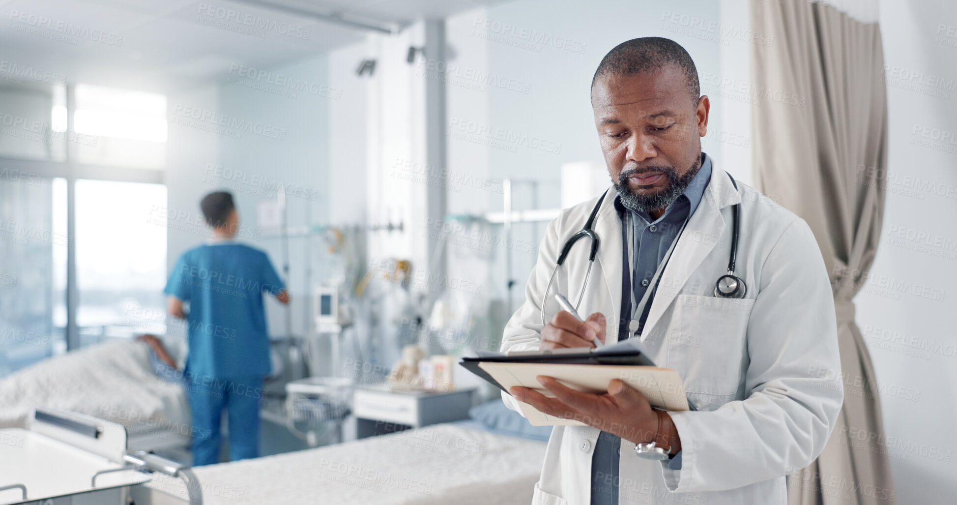 Buy stock photo Internet, black man or doctor with a tablet, typing or connection with online results, healthcare or website information. African person, worker or medical professional with tech, surgeon or research
