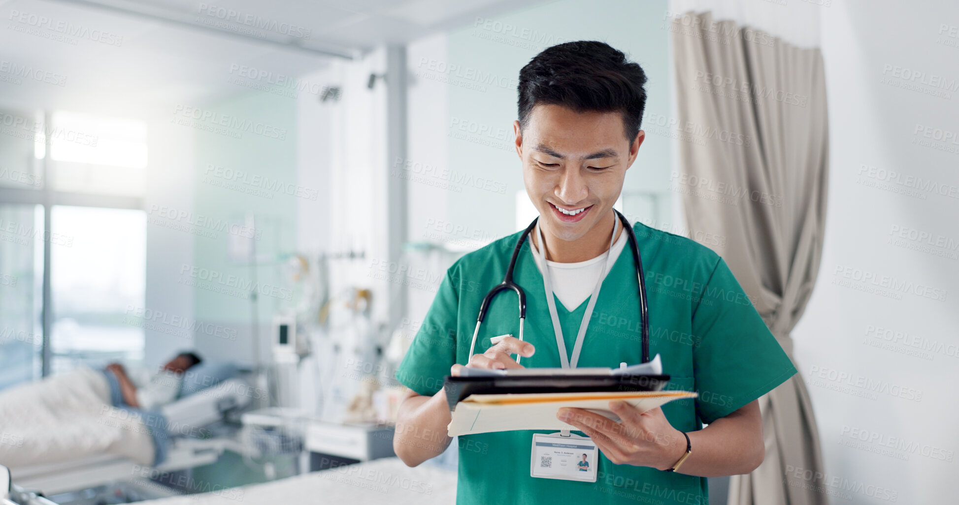 Buy stock photo Face, happy nurse and Asian man with arms crossed in hospital for healthcare, wellness and medicine. Portrait, smile and confident medical worker, professional surgeon and expert employee in clinic