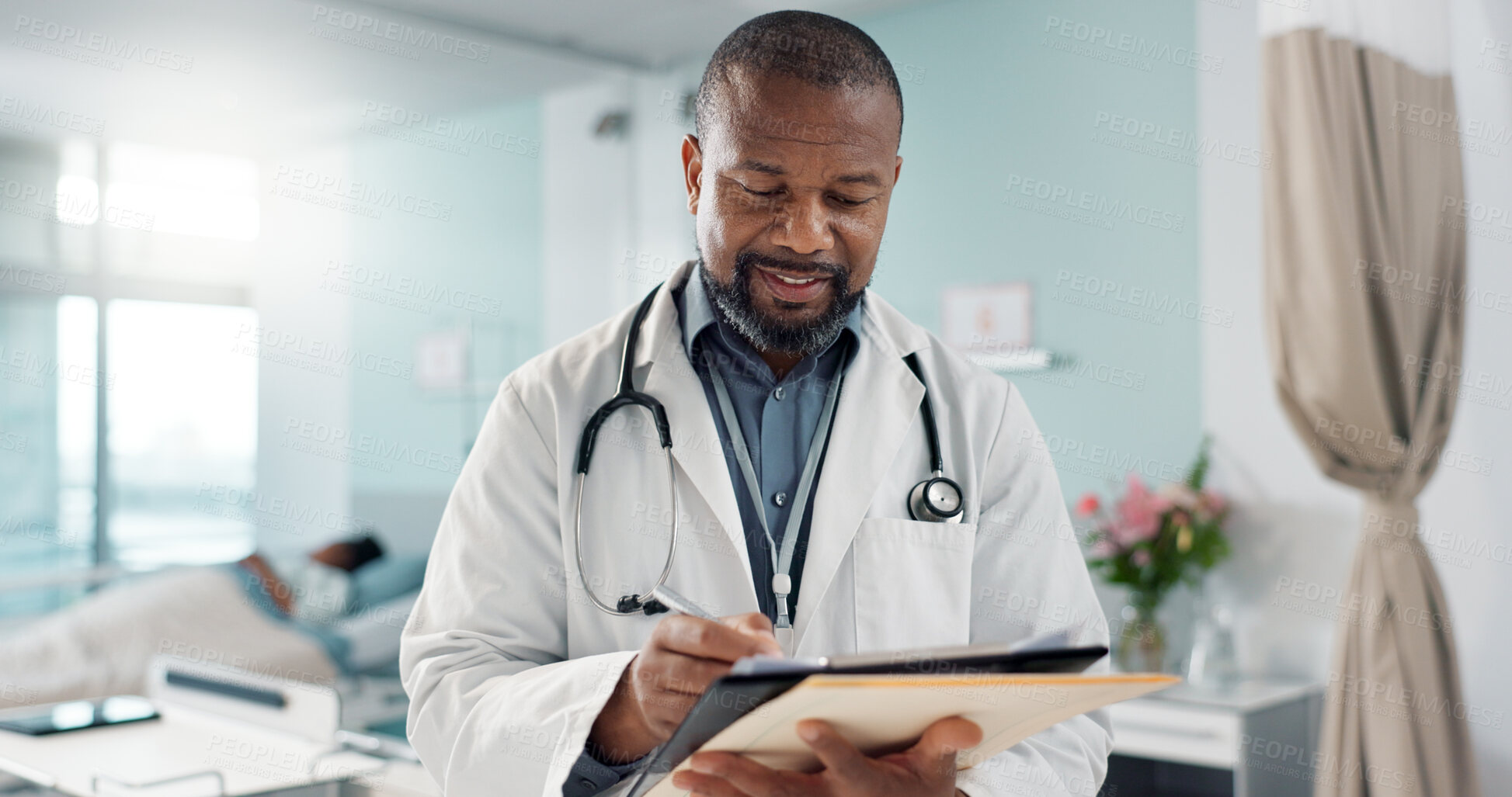 Buy stock photo Internet, black man and doctor with a tablet, career or connection with online results, research or email. African person, worker or medical professional with tech, healthcare or career with website