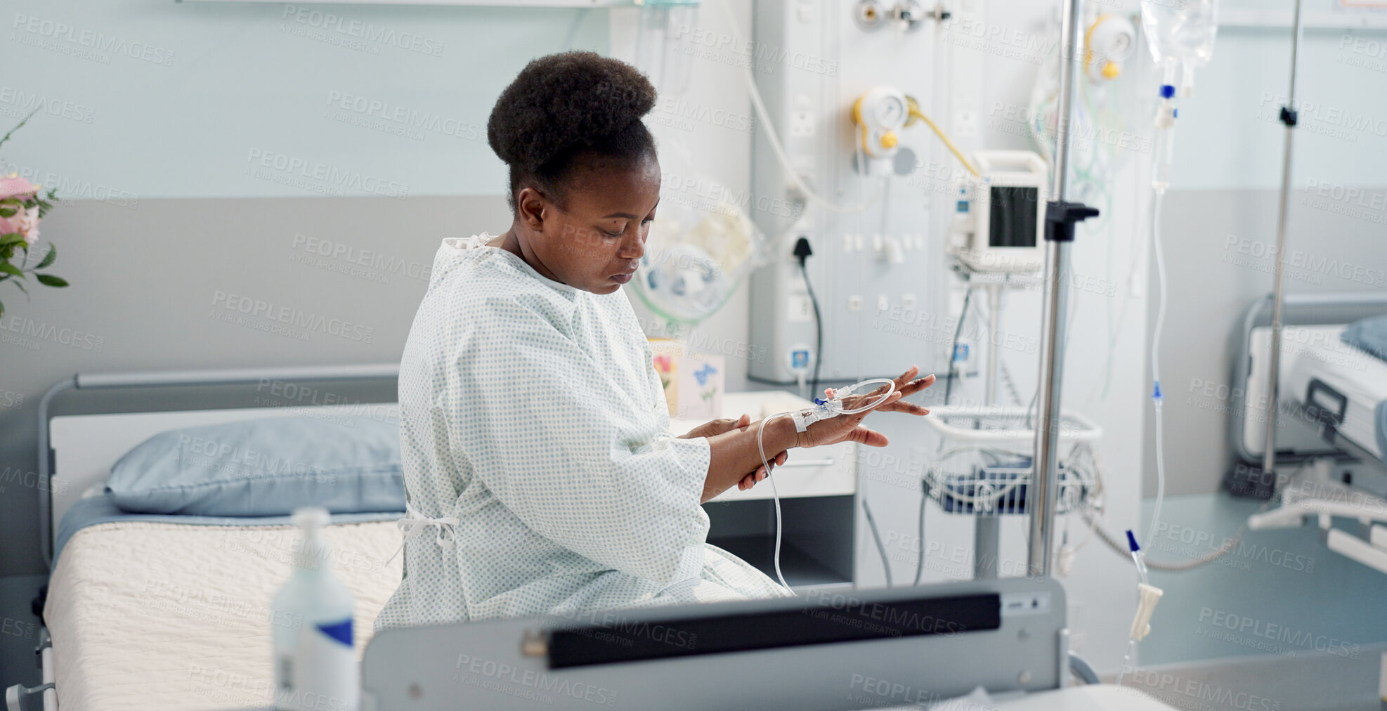 Buy stock photo Patient, clinic and thinking black woman after medical surgery for healthcare service, assessment or treatment. Consultation, medicine and sick person is sad in a healthcare for health and depressed