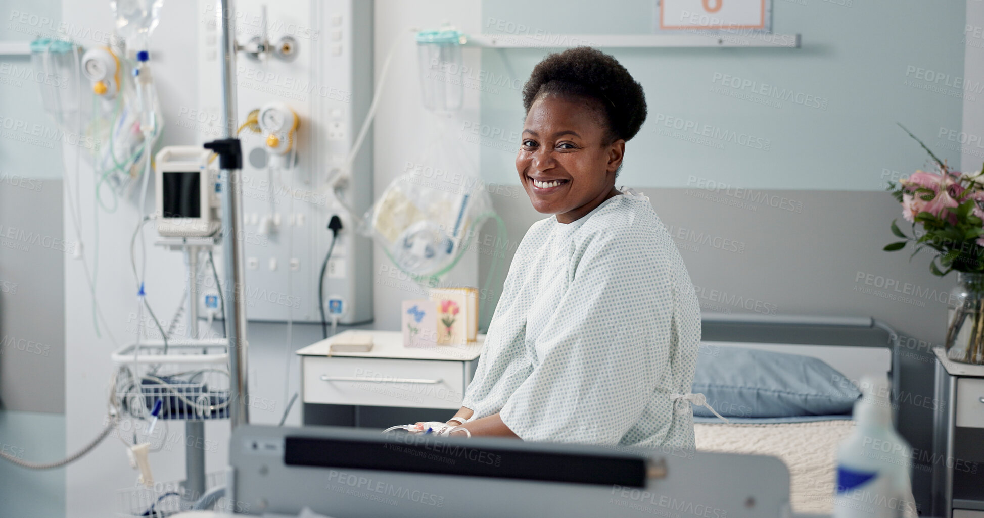 Buy stock photo Patient, hospital and happy on bed with recovery, illness and accept diagnosis with treatment plan. Black woman, healthcare and wellness in medical center, bedroom and smiling for doctor and therapy