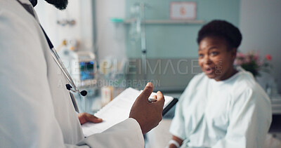 Hands, medical records or diagnosis with a doctor and patient in the hospital for healthcare consulting. Medicine, documents or discussion with a gp talking to a black woman in a health clinic