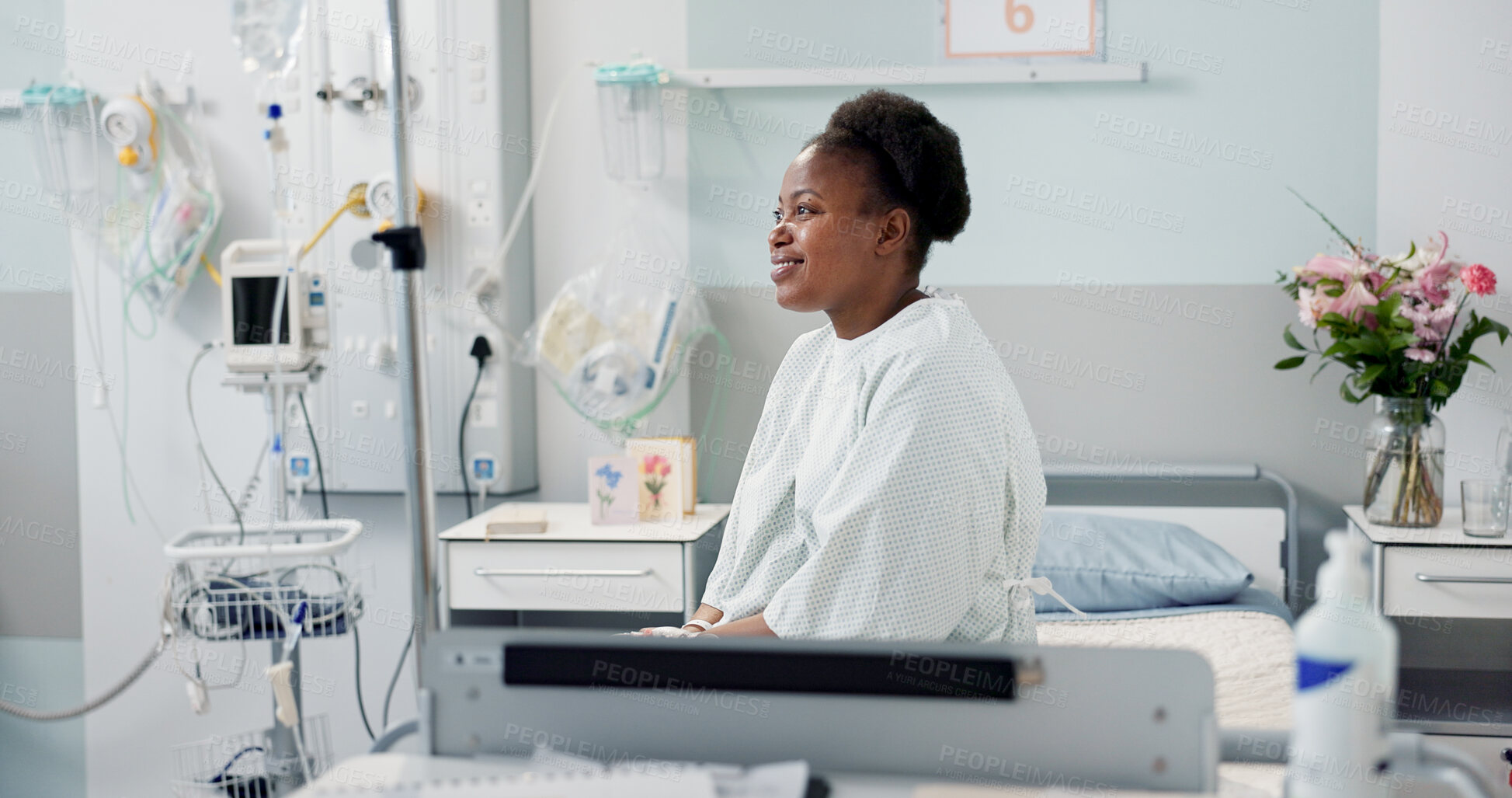 Buy stock photo Patient, hospital and happy on bed with recovery, illness and accept diagnosis with treatment plan. Black woman, healthcare and wellness in medical center, bedroom and smiling for doctor and therapy