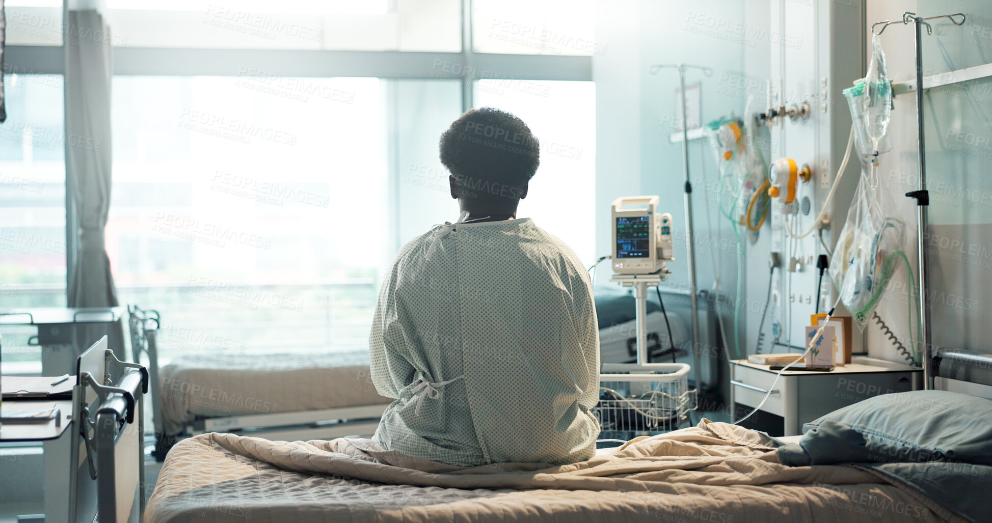 Buy stock photo Patient, hospital and thinking on bed with sad, illness and autoimmune disease diagnosis with worry. Black man, treatment and recovery in medical center, heart monitor and emergency with therapy