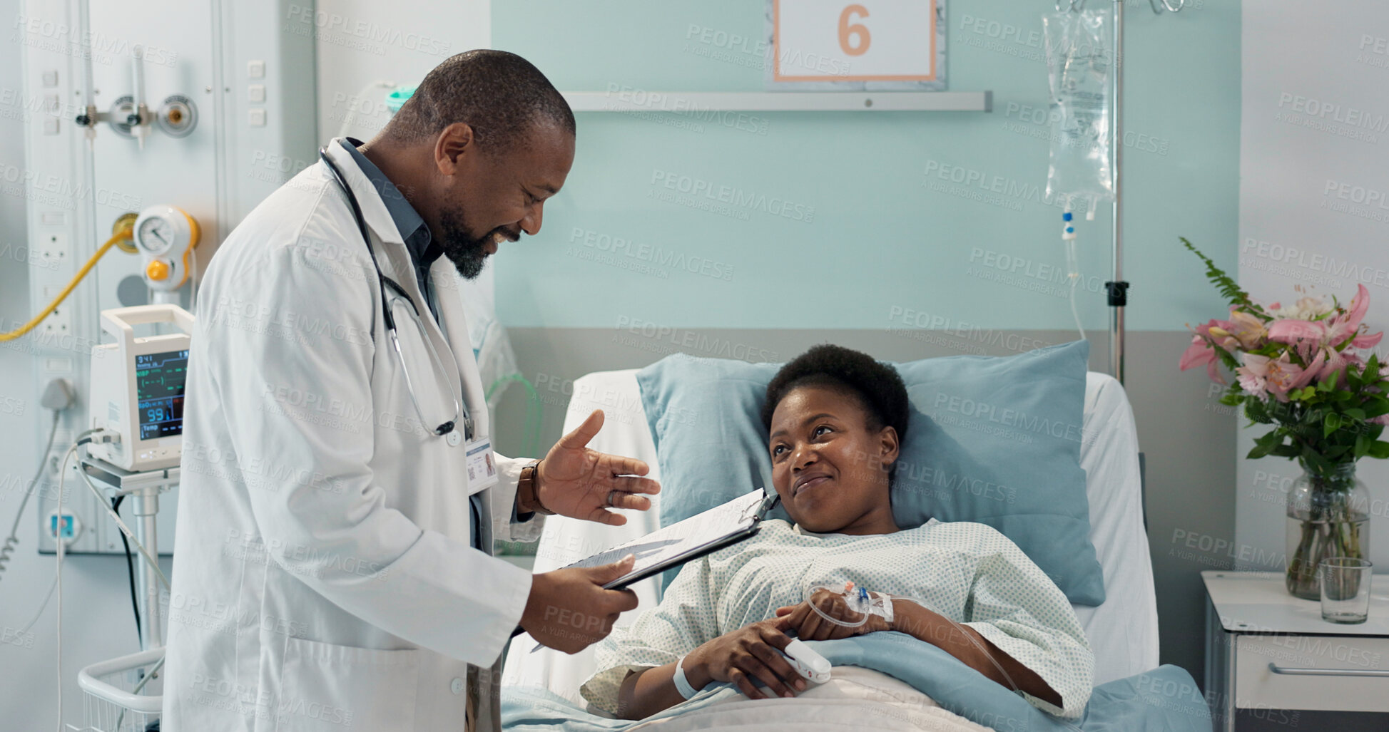 Buy stock photo Check, patient and doctor in hospital, clinic or healthcare with sick black woman healing or talking to expert. Health, insurance or surgeon consulting person in rehabilitation with checklist or care