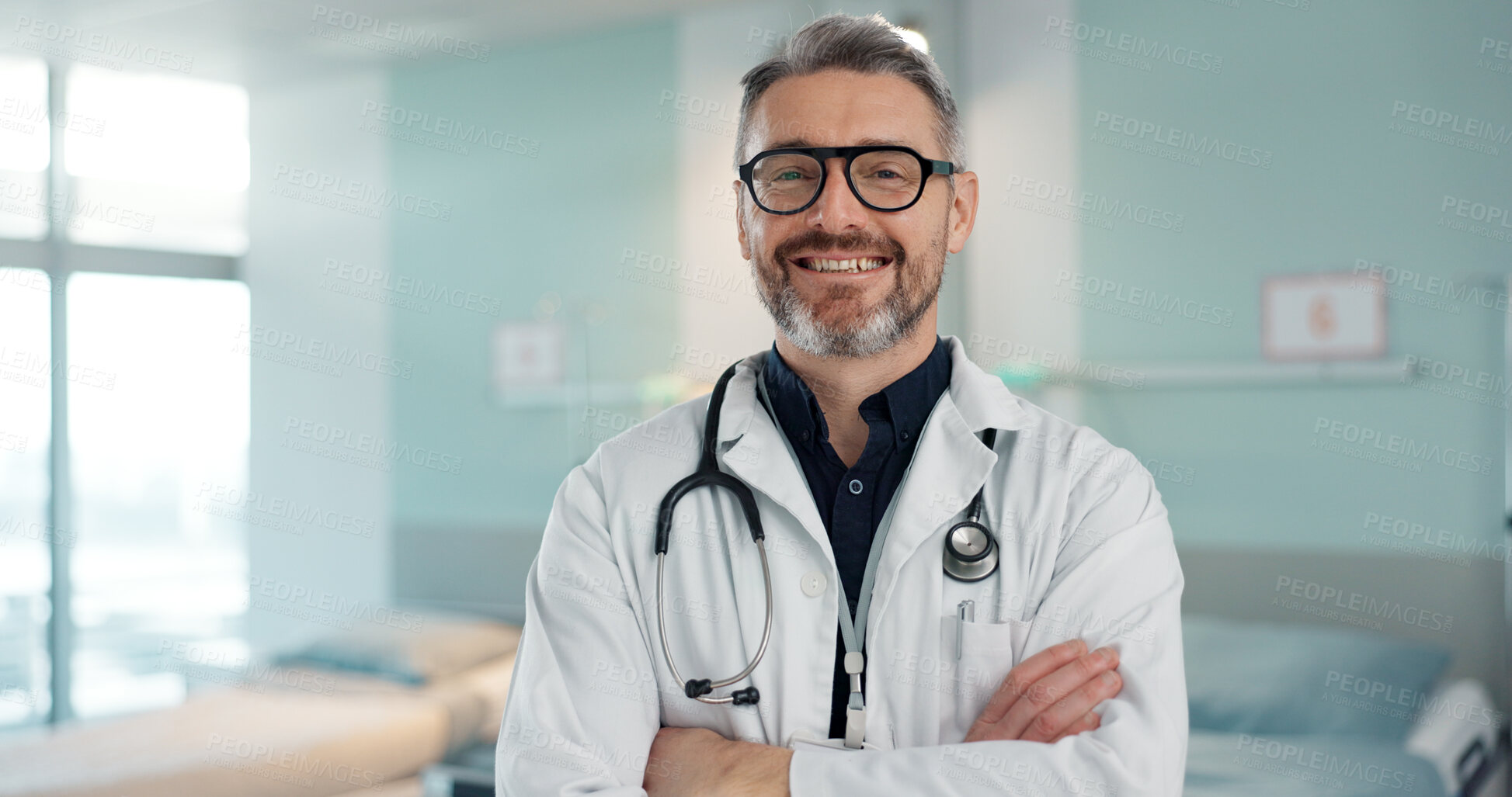 Buy stock photo Healthcare, doctor and man with arms crossed at hospital with smile for support, service and wellness. Medicine, professional and expert with glasses and pride for career, surgery, insurance and care
