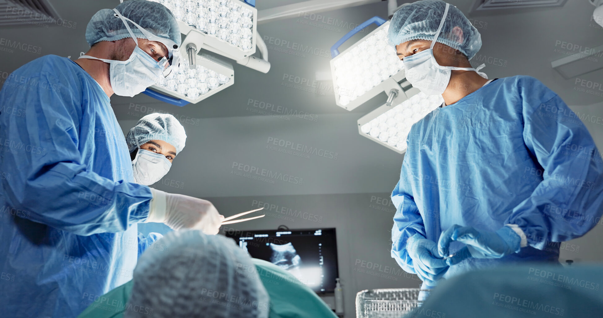 Buy stock photo Doctors, team or scissors for surgery in theater with medical support, healthcare or operation at hospital. Surgeon, medicine and teamwork or collaboration with tools for cardiology or emergency help