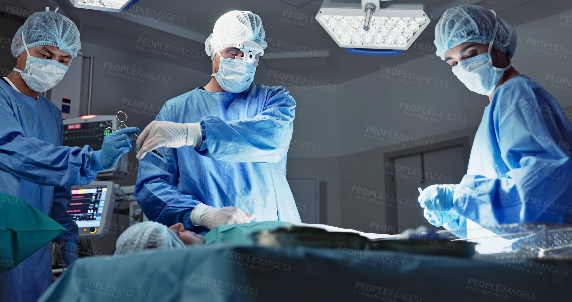 Buy stock photo Doctors, team or scissors for surgery in theater with medical support, healthcare or operation at hospital. Surgeon, medicine and teamwork or collaboration with tools for cardiology or emergency help