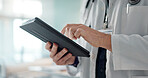 Closeup, man and doctor with a tablet, healthcare or connection with online results, website info or internet. Person, employee or medical professional with tech, digital app or research with network