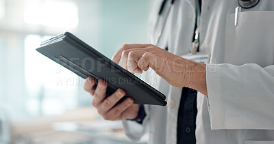 Closeup, man and doctor with a tablet, healthcare or connection with online results, website info or internet. Person, employee or medical professional with tech, digital app or research with network