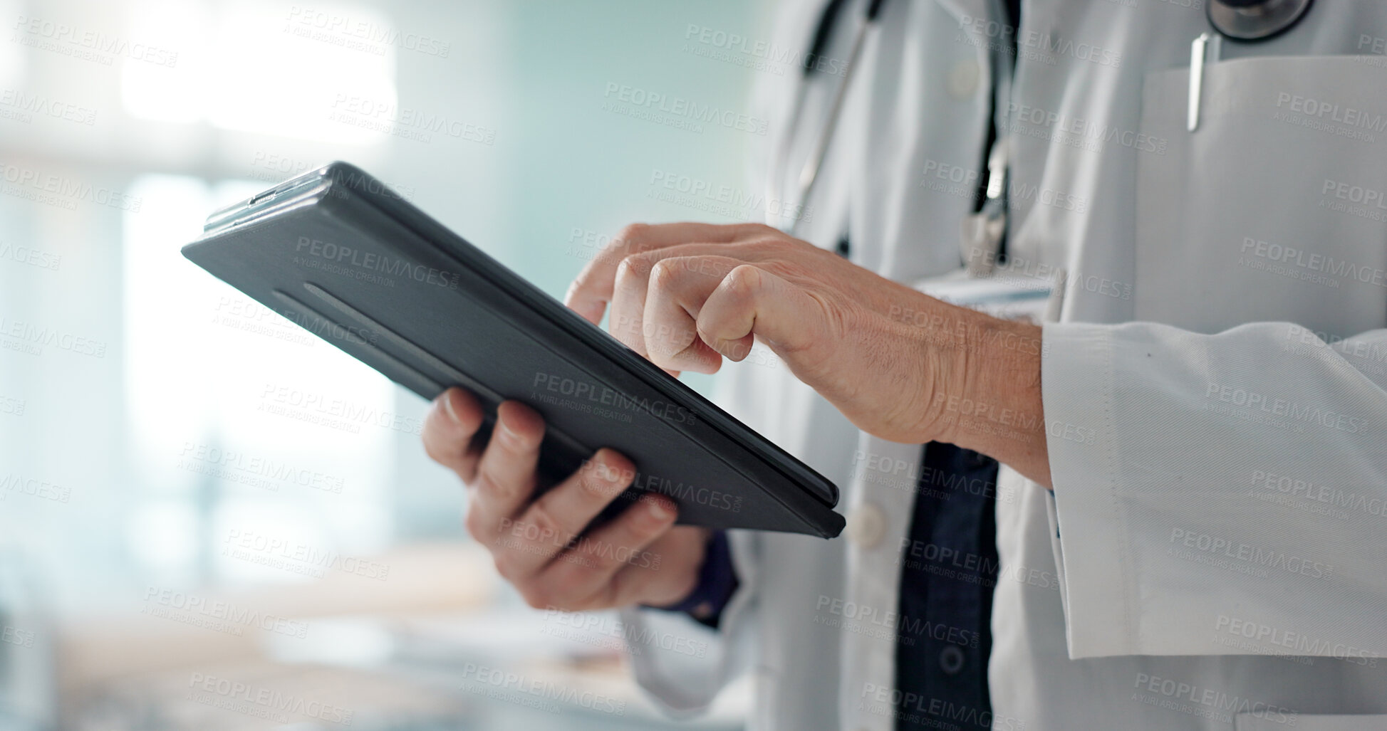 Buy stock photo Closeup, man and doctor with a tablet, healthcare or connection with online results, website info or internet. Person, employee or medical professional with tech, digital app or research with network