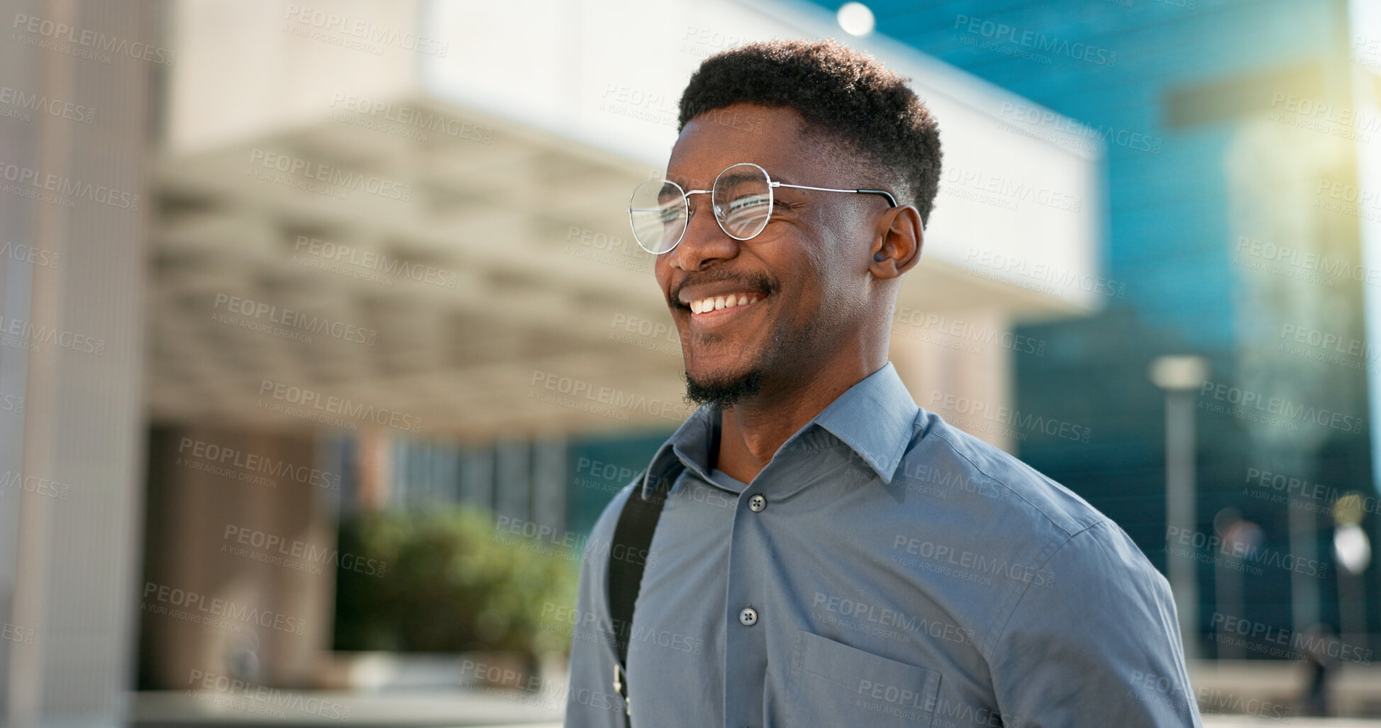 Buy stock photo City, happy face and professional black man on walk journey, commute and businessman smile on way to office building. Happiness, moving and African worker on morning travel to work in Chicago, USA