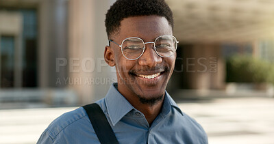 Buy stock photo Happy, city and face of business black man for travel, morning commute and journey to building. Professional, African and portrait of worker in glasses for career, job and work opportunity in town