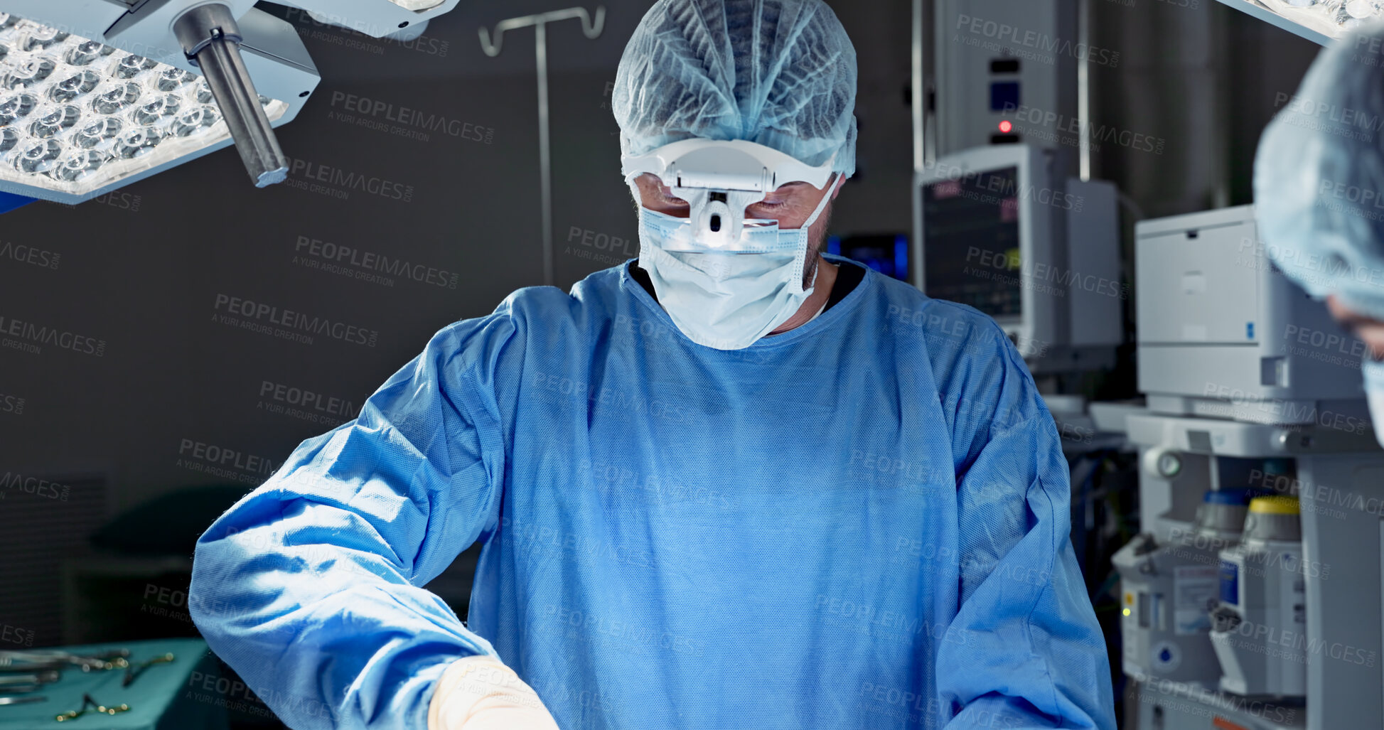 Buy stock photo Doctors, team and surgery in theater with medical support for healthcare, safety and operation room at hospital. Surgeon, medicine and teamwork or collaboration with tools for cardiology or emergency