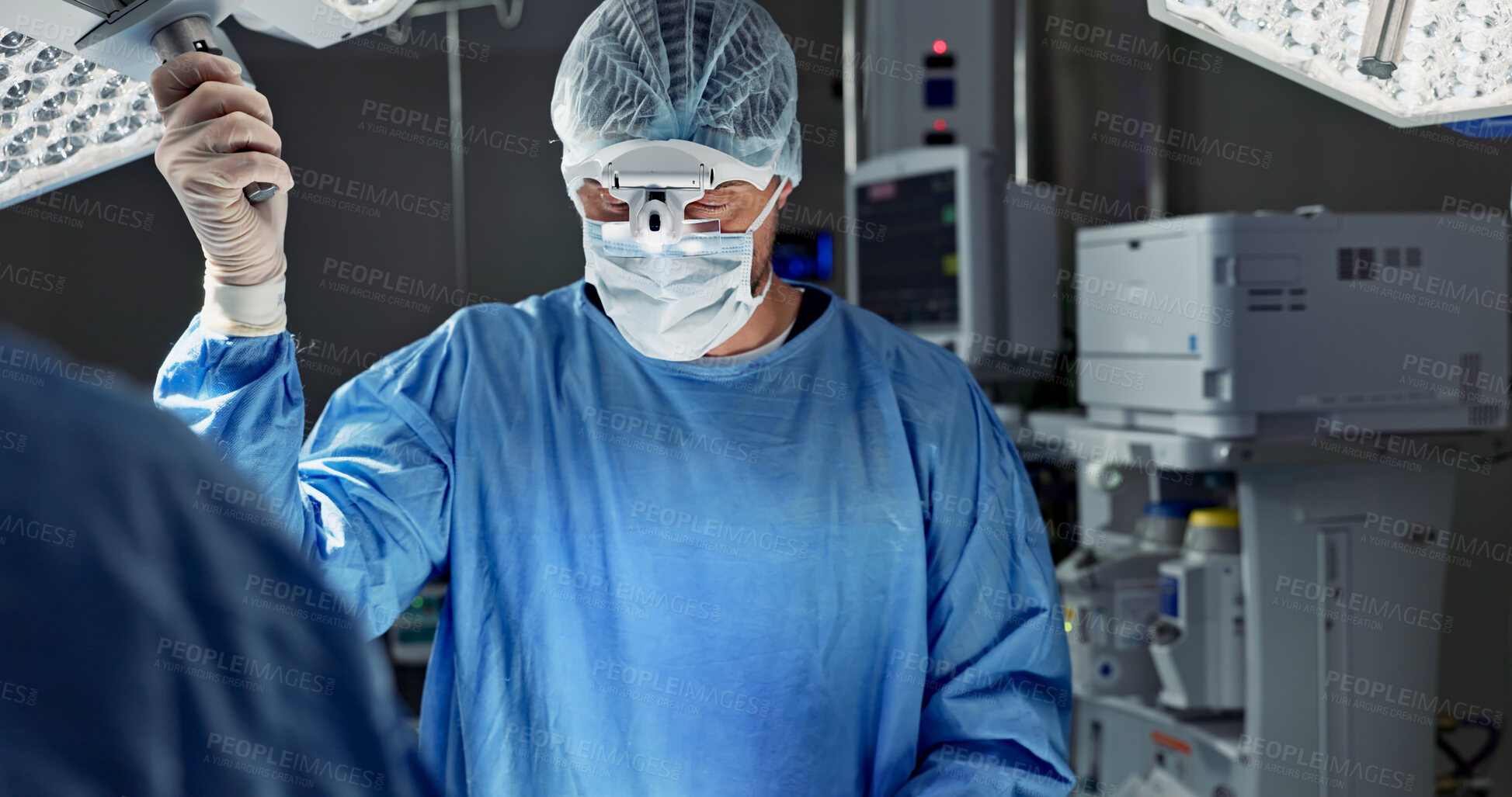 Buy stock photo Doctors, team and surgery in theater with medical support for healthcare, safety and operation room at hospital. Surgeon, medicine and teamwork or collaboration with tools for cardiology or emergency