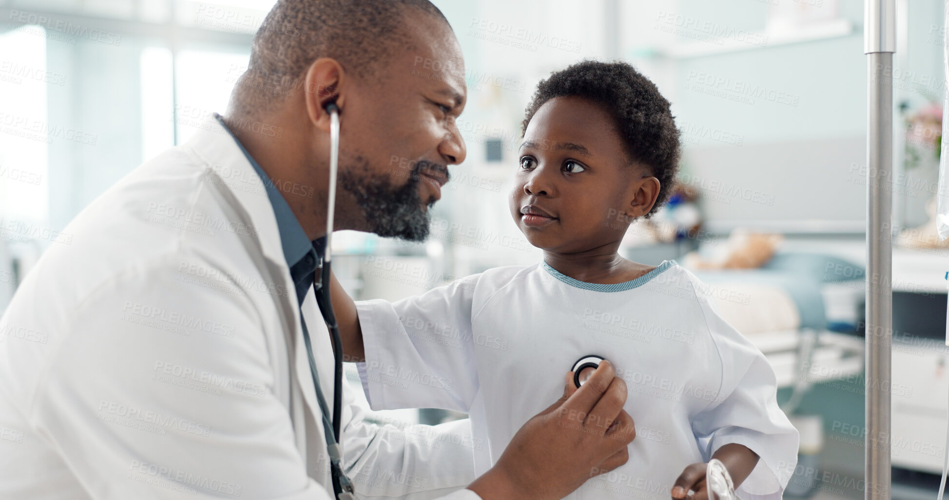 Buy stock photo Doctor, African kid and stethoscope for breathing, check or smile for recovery from surgery, treatment or health. Child patient, medic or tools for medical exam, inspection or talk for rehabilitation
