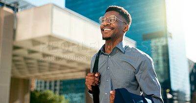 Buy stock photo Business, happy and walking black man on city journey, commute trip and realtor smile on way to office building. Happiness, career expert and African real estate agent on morning travel in Nigeria