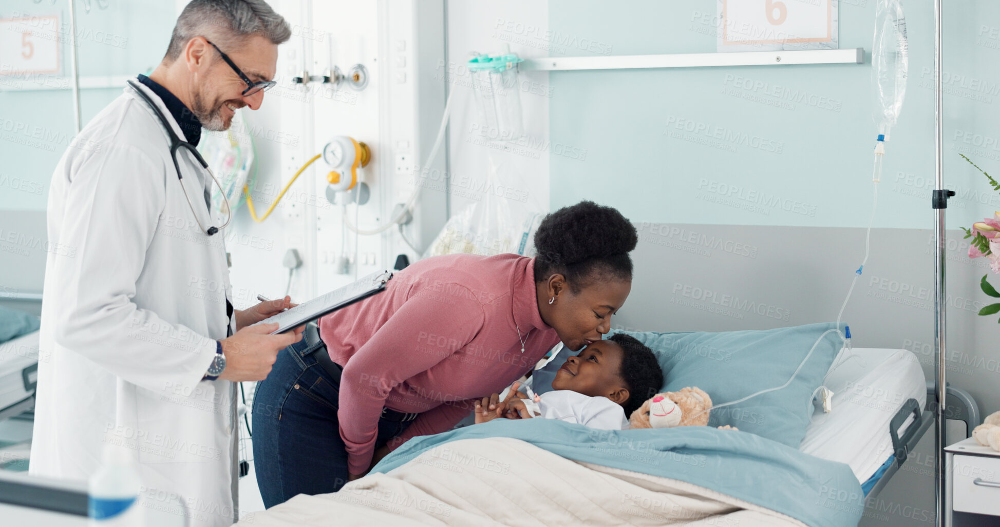 Buy stock photo Pediatrician, love and mother kiss child in hospital bed at check or healthcare consultation in clinic for health assessment. Medicine, service and mom with kid for care, support and doctor advice