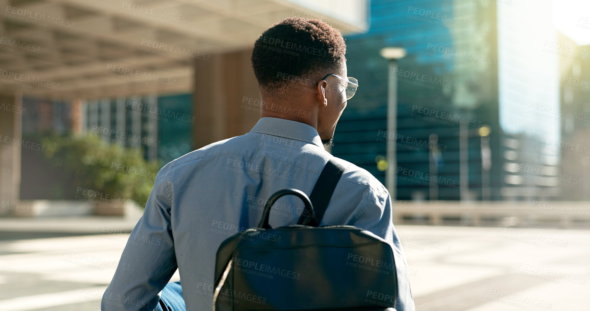 Buy stock photo City, back and business person walking on outdoor urban journey, commute and businessman on way to office building. Backpack, morning and professional agent on morning travel to work in Chicago, USA