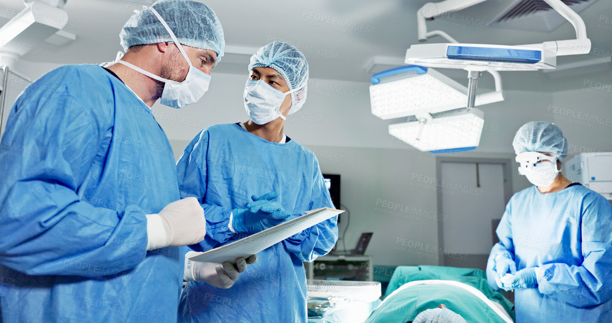 Buy stock photo Hospital, surgeon or patient for surgery, operating room or chart. Operation, medical or diagnosis for chart, explaining or nurse to help, healthcare, check or discussion for care, job or procedure