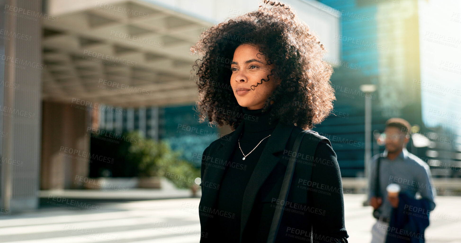 Buy stock photo Professional, black woman and moving by city building with thinking and smile for morning travel or journey outdoor. Happiness, person with afro and corporate worker walking to work in urban town