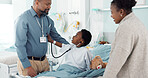 Doctor, patient and stethoscope for breathing check, child and pretend or imagination in hospital. Happy black kid, play and cardiology and lungs test, healthcare and medicare for recovery and health