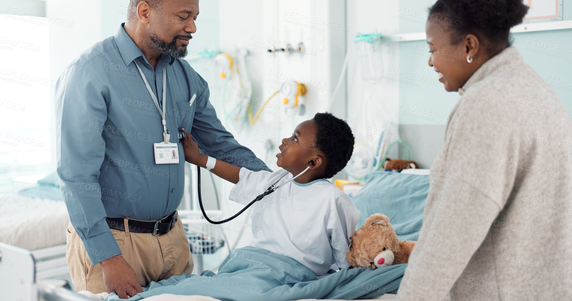 Buy stock photo Doctor, patient and stethoscope for breathing check, child and pretend or imagination in hospital. Happy black kid, play and cardiology and lungs test, healthcare and medicare for recovery and health