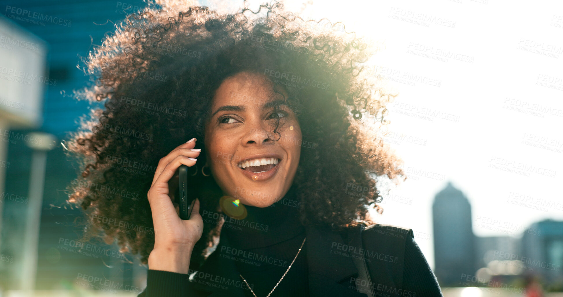 Buy stock photo Outdoor, phone call and woman with a smile, funny and contact with communication, connection and speaking. Person in a city, lens flare and happy girl with a smartphone, conversation and digital app