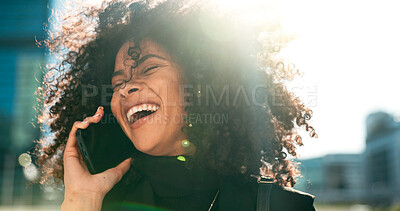 Outdoor, phone call and woman with a smile, funny and contact with communication, connection and speaking. Person in a city, lens flare and happy girl with a smartphone, conversation and digital app