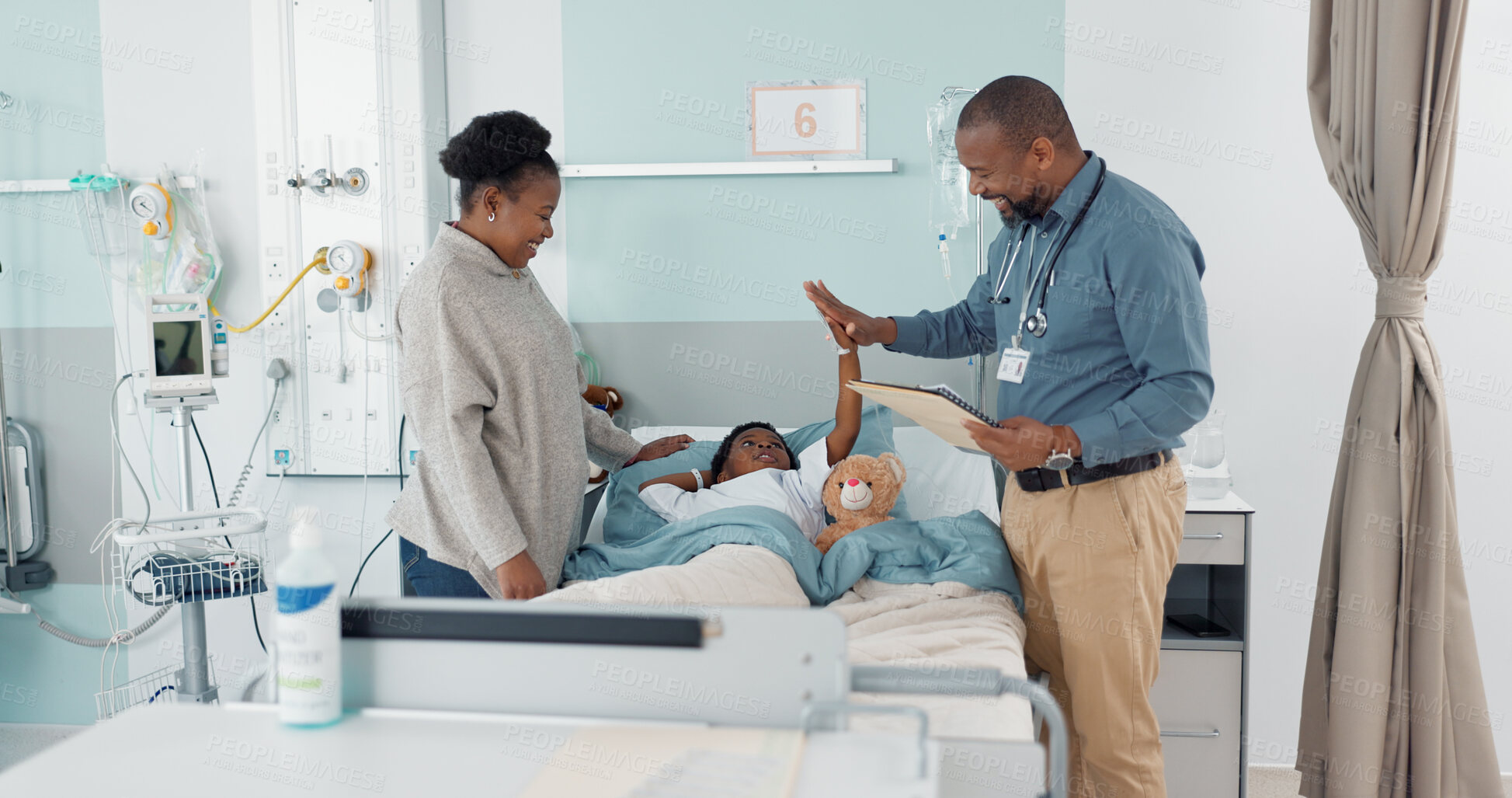 Buy stock photo Doctor, high five and child in hospital, bed or healing in clinic with results or celebration in surgery rehabilitation. Happy, kid and surgeon support patient, mother and success in healthcare