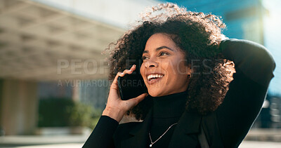 Outdoor, phone call and woman with a smile, speaking and connection with communication, afro or happiness. Person in a city, mobile user or girl with smartphone, network or contact with conversation