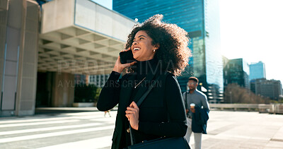 Walking, smile or businesswoman in city on a phone call talking, networking or speaking in travel. Mobile communication, chat or happy female entrepreneur in conversation, discussion or negotiation
