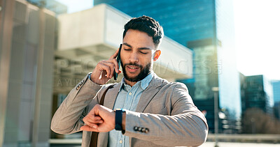 Buy stock photo City, phone call and business man with time or check watch for schedule, job opportunity and travel communication. Corporate worker talking on mobile and walking fast for appointment or urban journey
