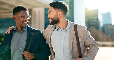 Smile, talking and walking with business men in the city on their morning commute into work together. Collaboration, planning and ideas with employee partners chatting outdoor in an urban town