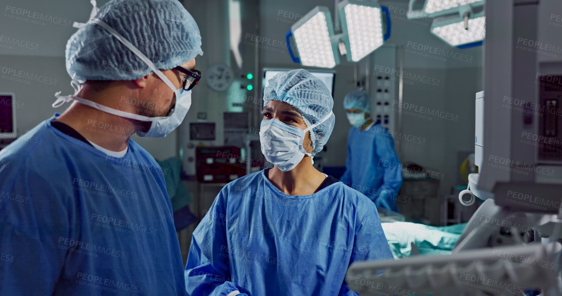 Buy stock photo Hospital, doctor and patient monitor for surgery, operating room and setting machine. Operation, medical or diagnosis for high blood pressure, vital signs and data change in anesthesia, type or check