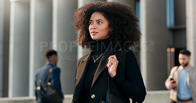 Buy stock photo City, walking and confident business woman on outdoor urban journey, commute trip and person leaving office building. Pride, movement and professional designer on morning travel to work in New York