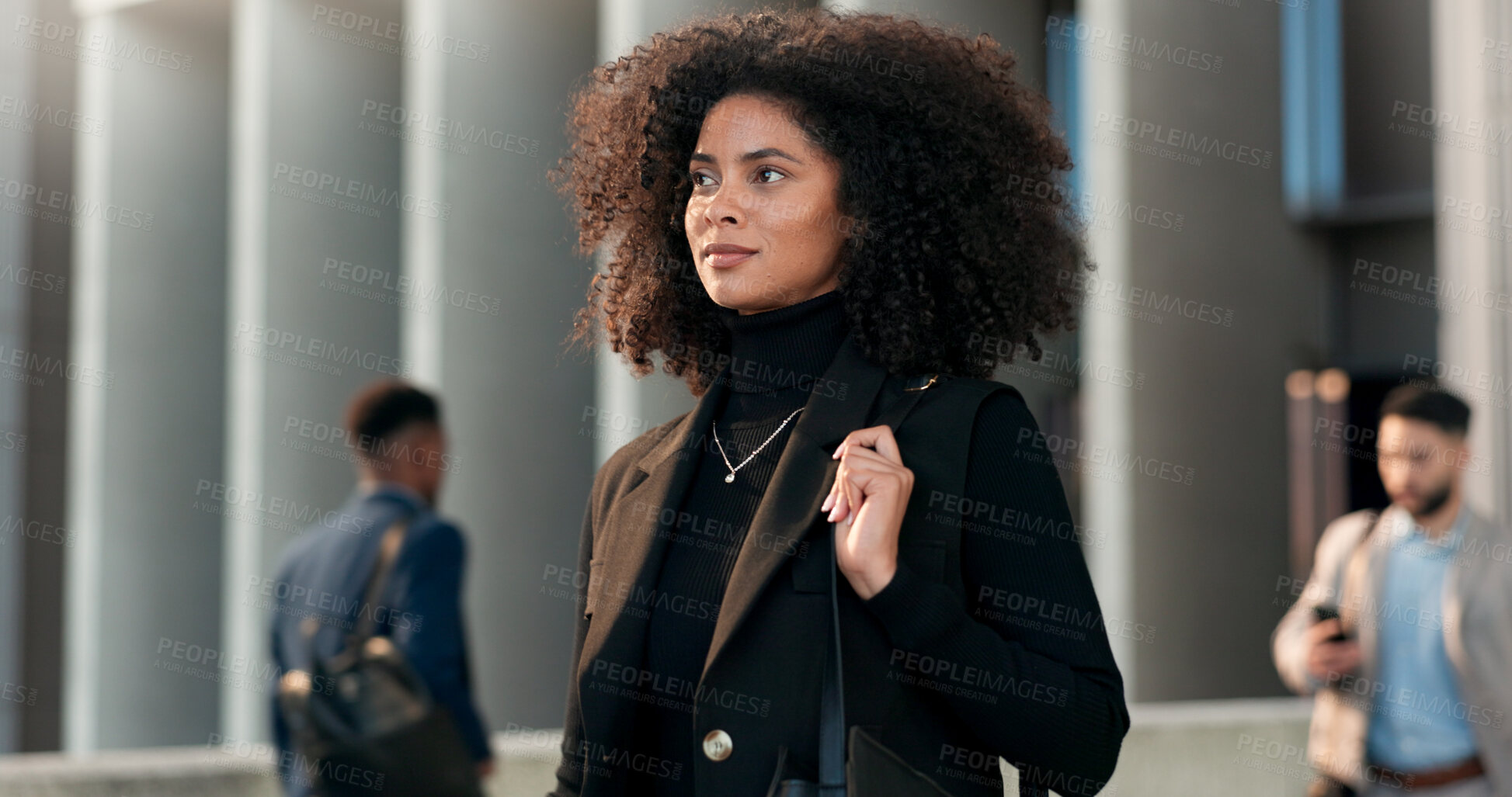 Buy stock photo City, walking and confident business woman on outdoor urban journey, commute trip and person leaving office building. Pride, movement and professional designer on morning travel to work in New York