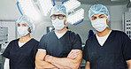 Surgeon team, doctor and people in portrait, healthcare and confidence in operation theater for medical procedure. Surgery, health professional and help in hospital, expert in mask and collaboration