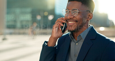 Buy stock photo Business deal, city or happy black man on a phone call talking, networking or speaking to chat. Mobile, communication or African male entrepreneur in conversation, discussion or negotiation outdoors