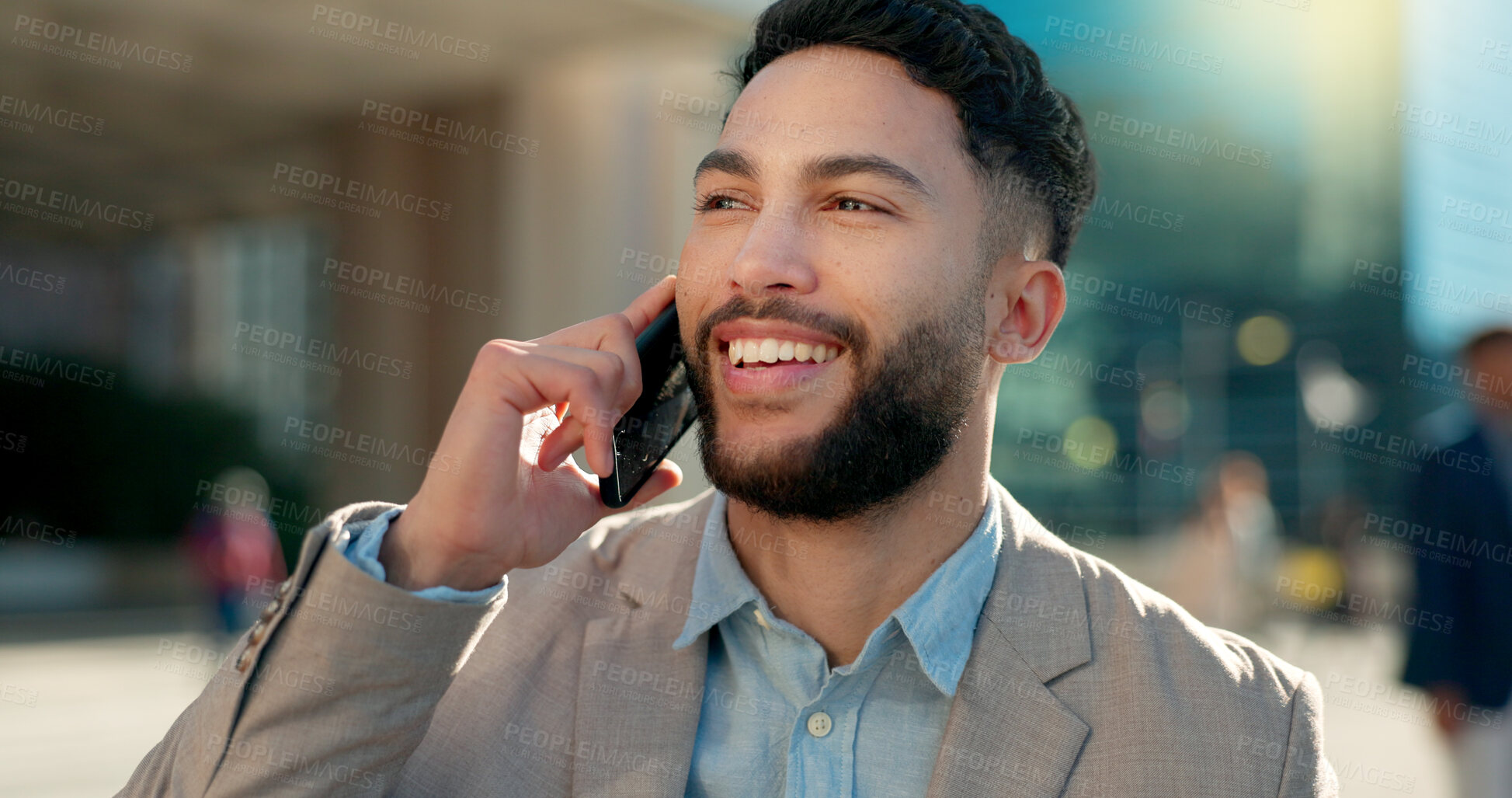 Buy stock photo Negotiation, city or happy businessman on a phone call talking, networking or speaking to chat. Mobile, communication or Arabic male entrepreneur in conversation, discussion or deal offer outdoors