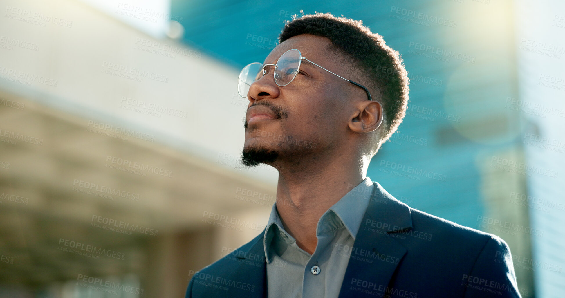 Buy stock photo Black man in business, thinking about future ideas and corporate employee outdoor, dream and inspiration. Insight, decision and brainstorming with goals, mind with travel or commute to work in city