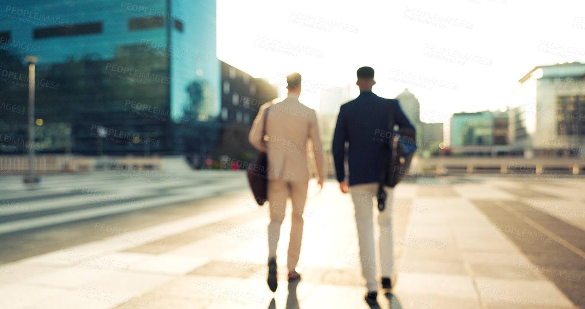 Buy stock photo Men, colleagues and talking outside in corporate clothes, advice or career growth tips. Planning, teamwork and city buildings on commute, discussion and businessmen for collaboration, project or goal