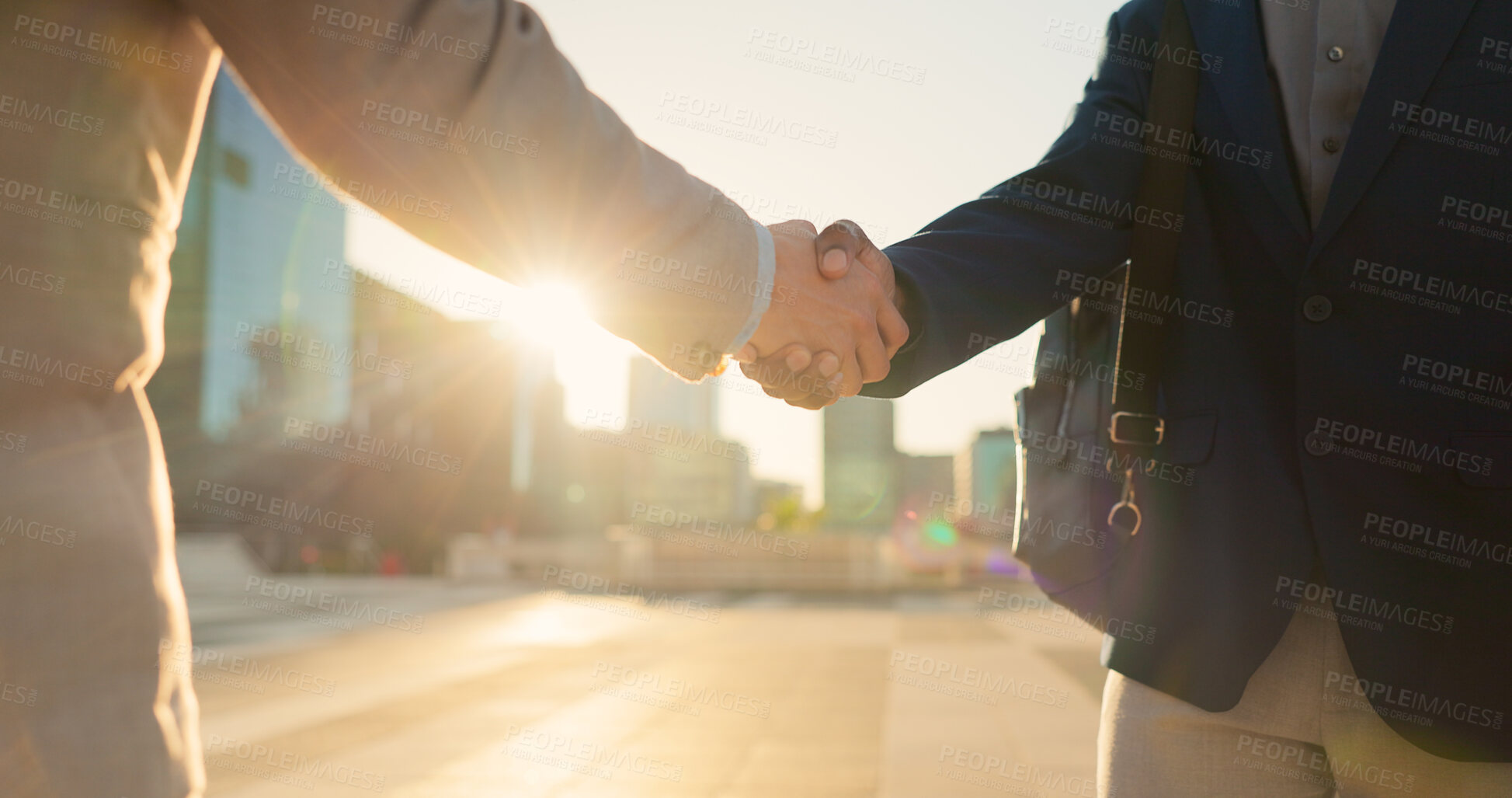 Buy stock photo Teamwork, closeup or business people shaking hands in city for project agreement or b2b deal. Hiring, outdoor handshake or men meeting for a negotiation, offer or partnership opportunity on rooftop