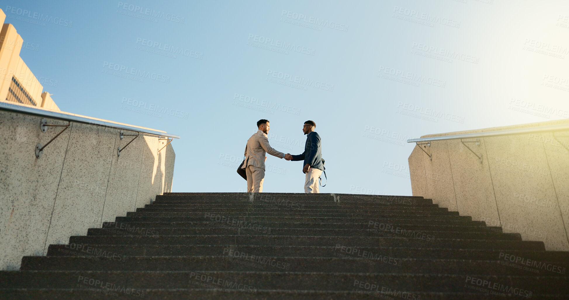 Buy stock photo Steps, walking or business people shaking hands in city for project agreement or b2b deal. Teamwork, outdoor handshake or men meeting for a negotiation, offer or partnership opportunity together