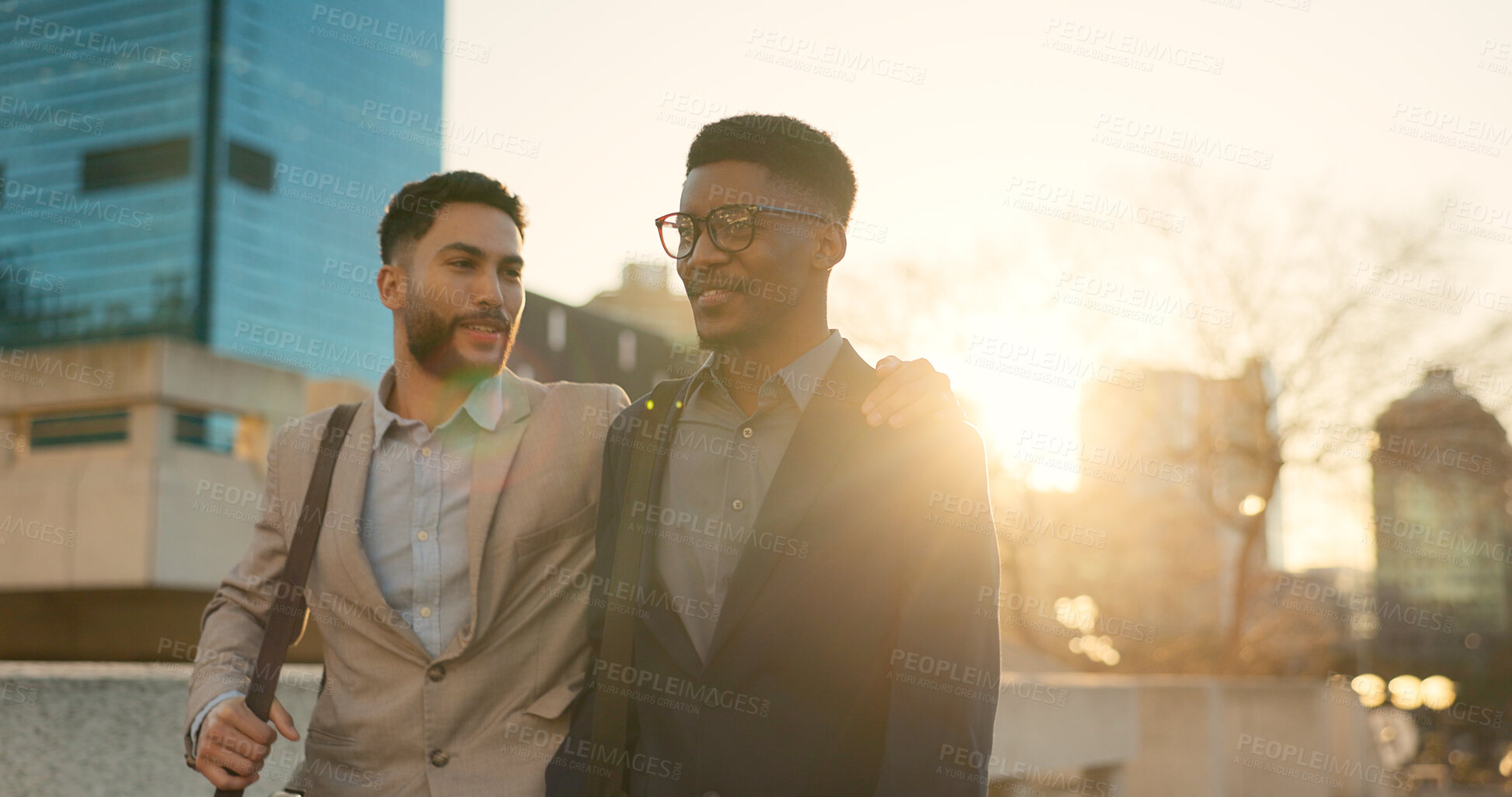 Buy stock photo City, men and walking with business people, hug and lens flare with professional, speaking and cooperation. Staff, outdoor and embrace with partnership, travel and conversation with support and ideas